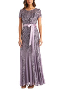 R&M Richards Round Neck Short Sleeves Satin Ribbon Sash Pleated Skirt Straight Hem Maxi Dress
