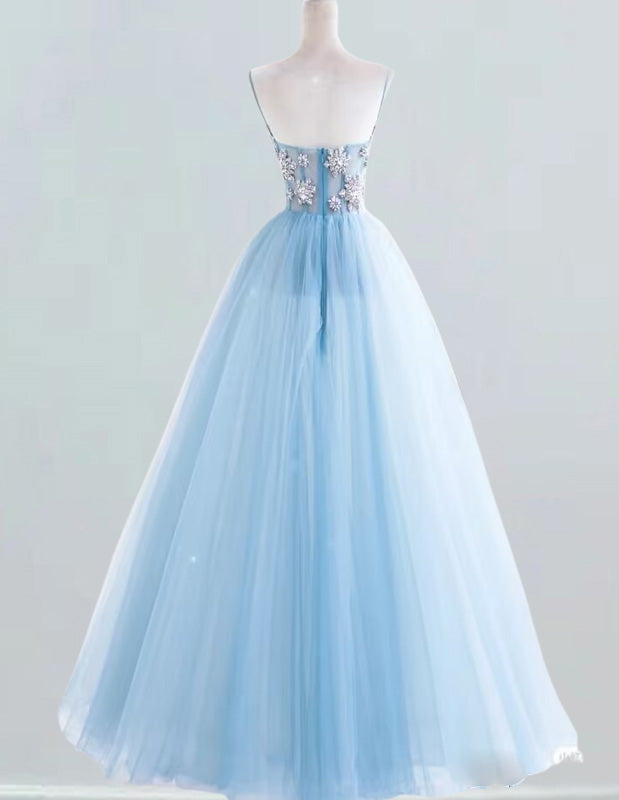 Women's Elegant Blue Strapless Beaded Evening Prom Gown | Formal Ball Dress