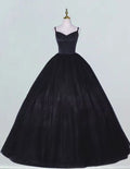 Black spaghetti strap v neck long tulle ball gown floor length quinceanera dress