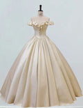 Champagne off the shoulder fairy long satin ball gown formal dress