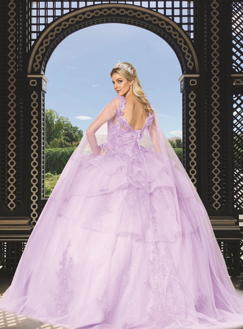 (LIVE 69) Quinceanera Ball Gown Dress - 3D Butterfly & Flower Embroidery Tulle Sweet 15 Dress in Lilac Color