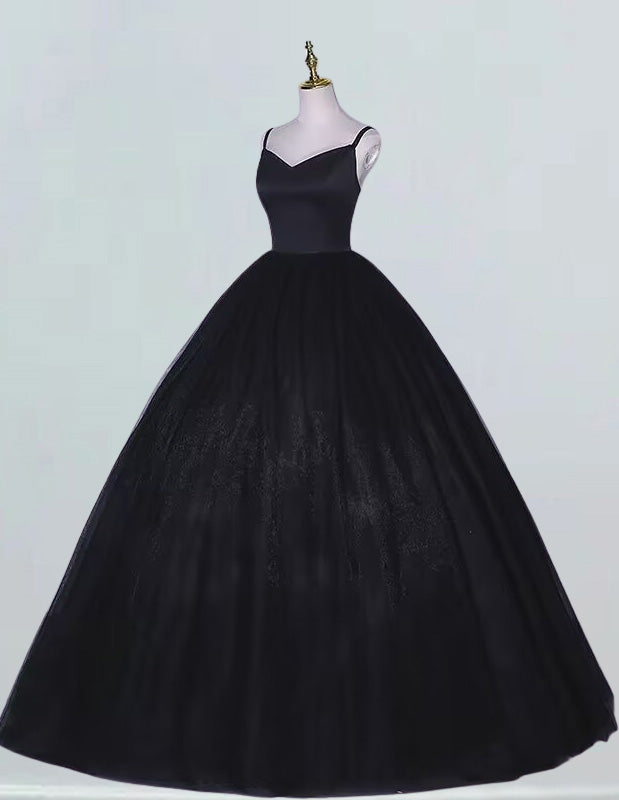 Black spaghetti strap v neck long tulle ball gown floor length quinceanera dress