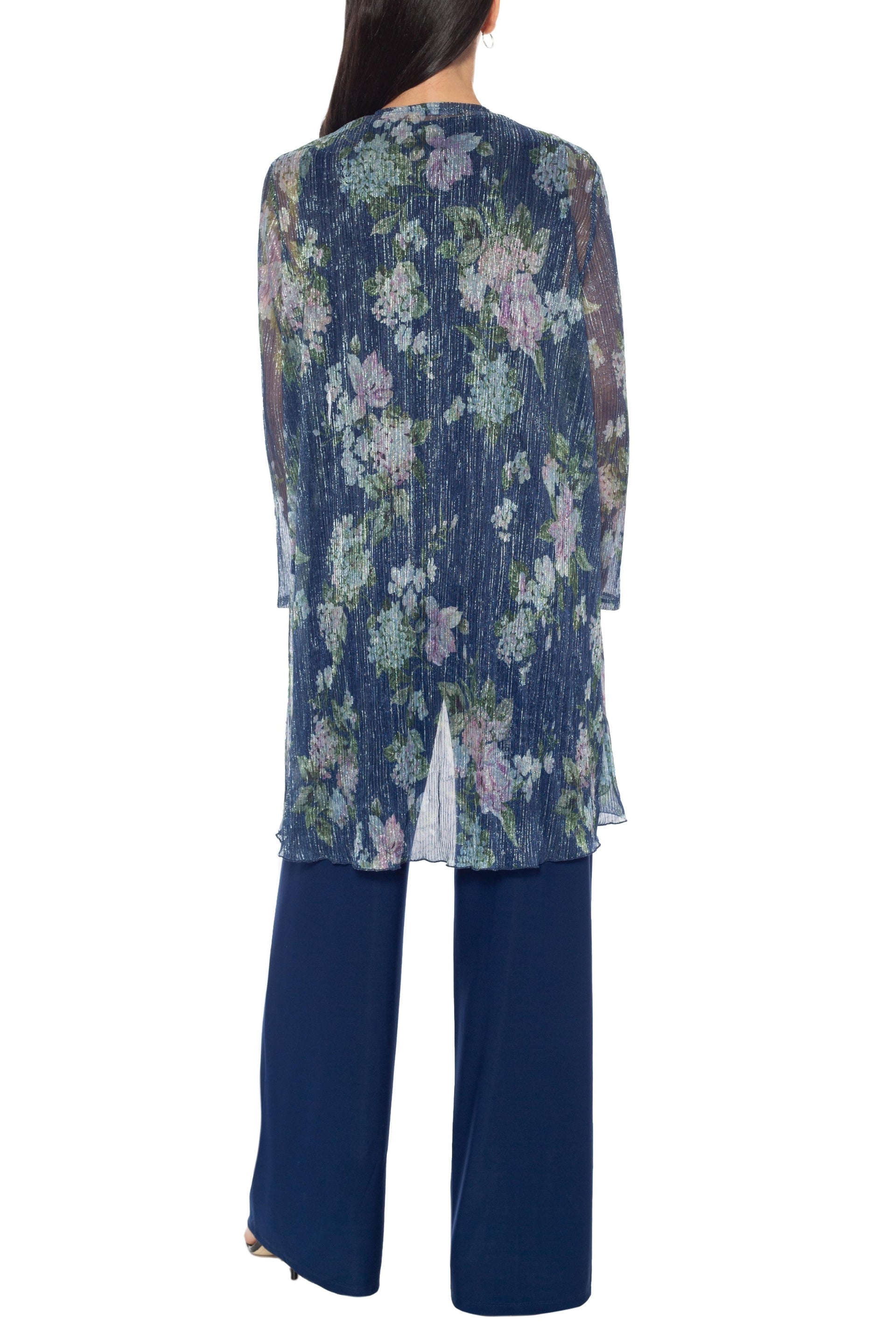 Marina Sleeveless Navy Top And Flowy Wide-Leg Pants with Floral Sheer Jacket Three-Piece Set