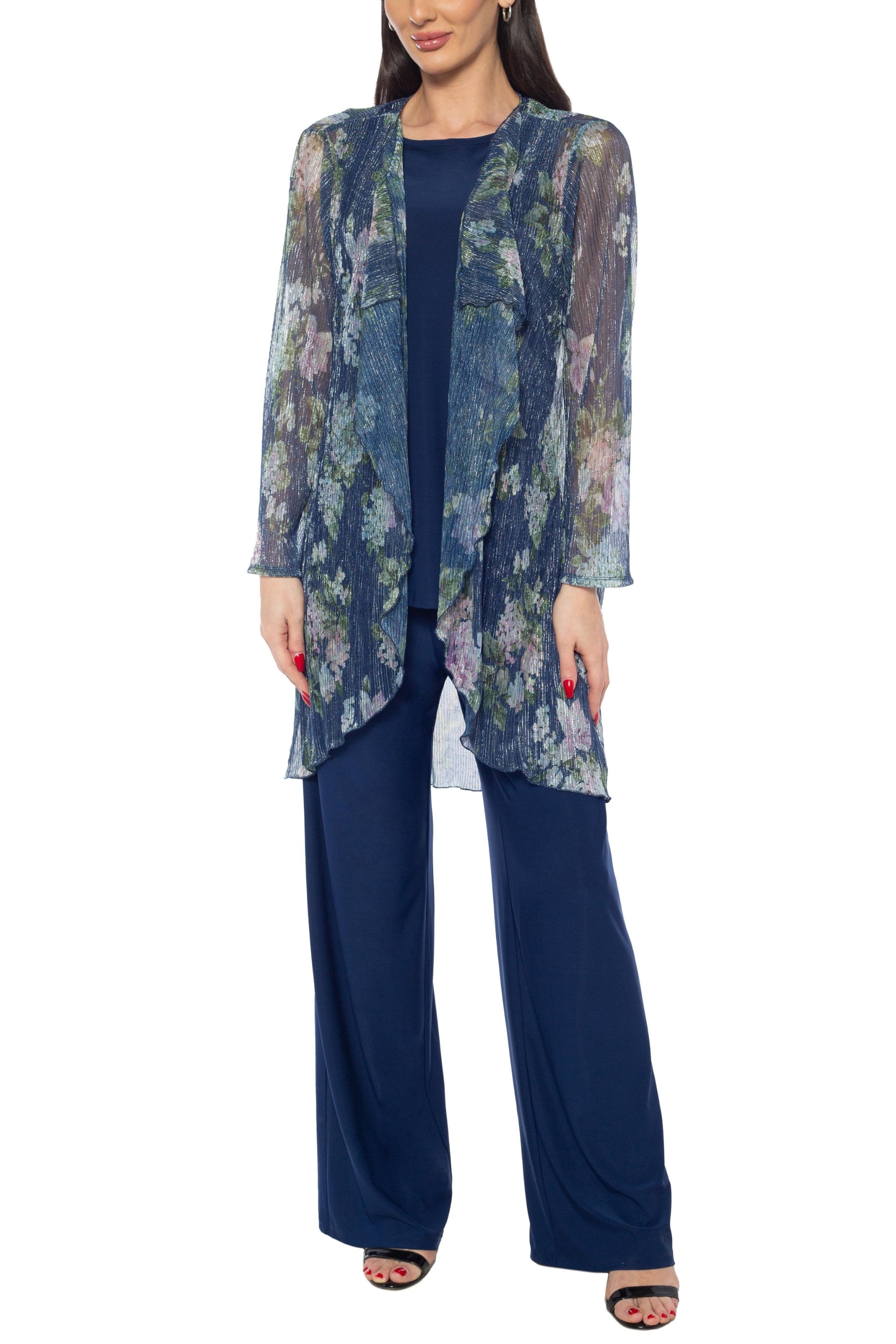 Marina Sleeveless Navy Top And Flowy Wide-Leg Pants with Floral Sheer Jacket Three-Piece Set