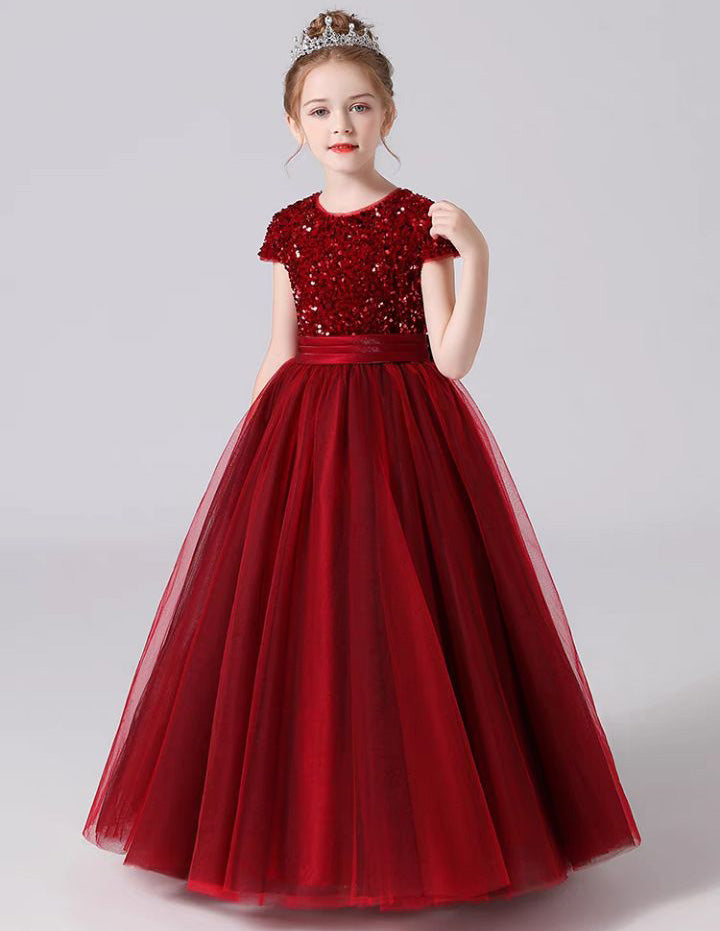 Burgundy short sleeve velvet long tulle flower girl dress