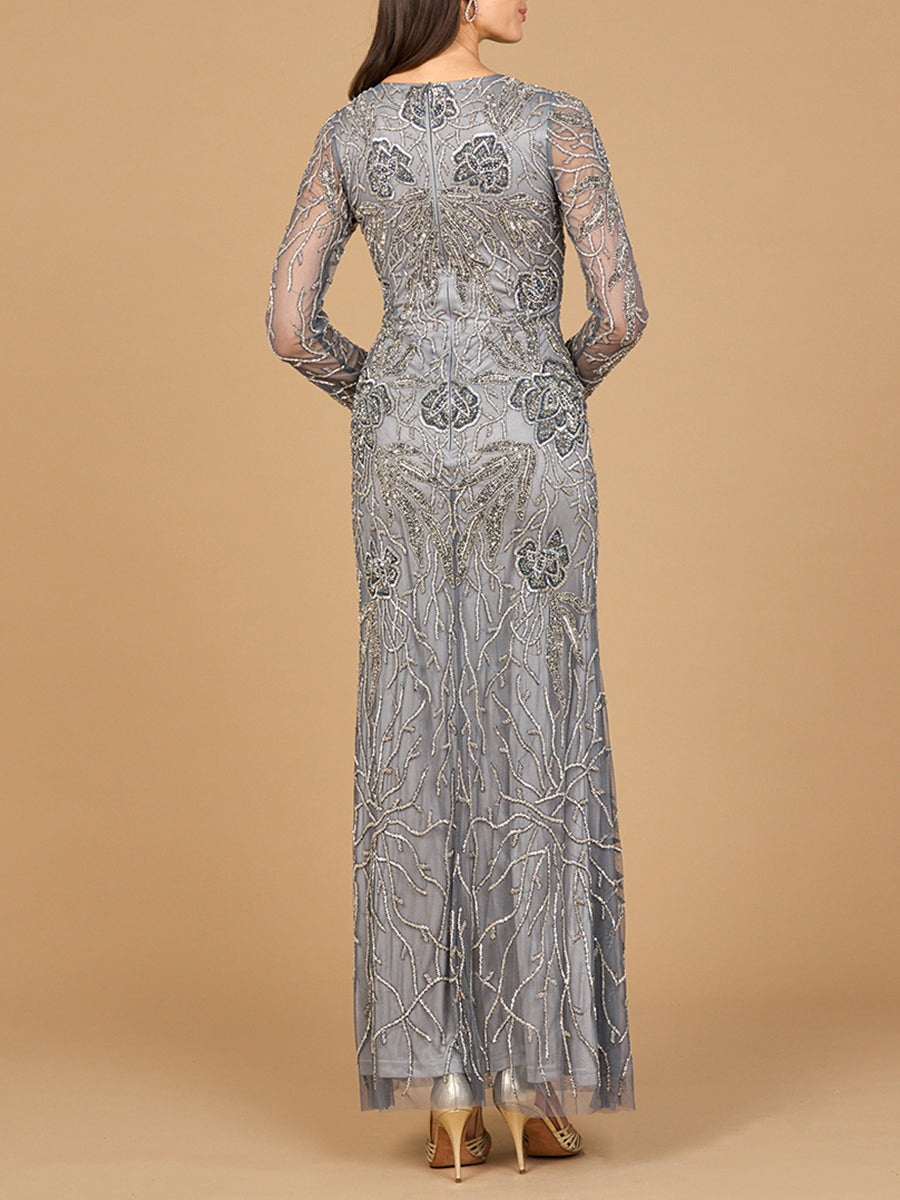 High Neck, Long Sleeve Beaded Gown