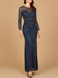 Illusion Neck, Long Sleeve Beaded Gown