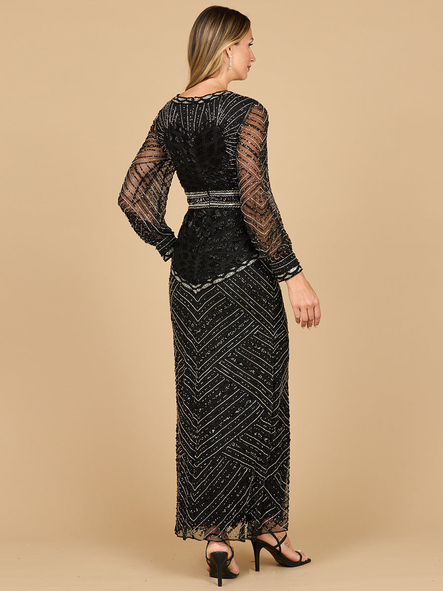 V Neck Beaded Long Sleeve Maxi Dress