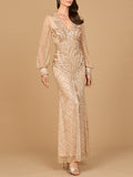 V Neck Beaded Long Sleeve Maxi Dress