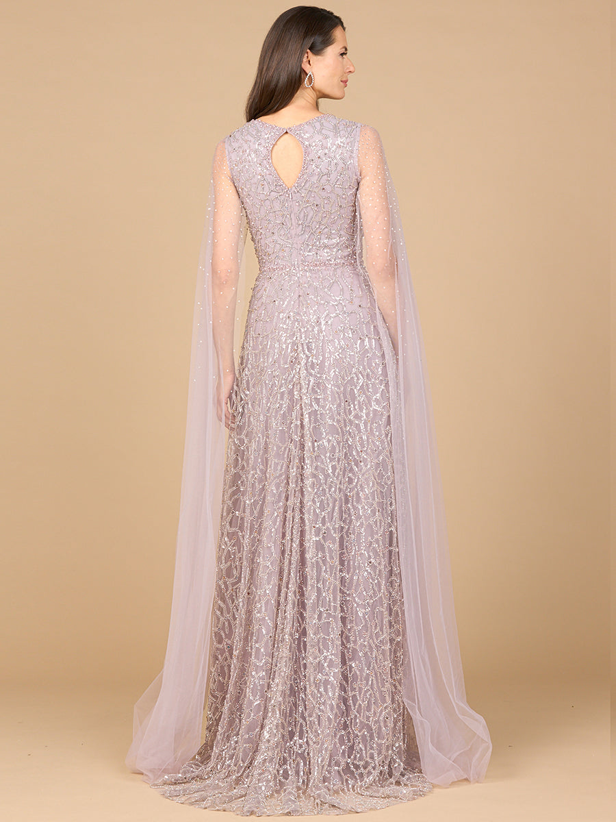 Beaded Lace Gown with Cape Sleeves