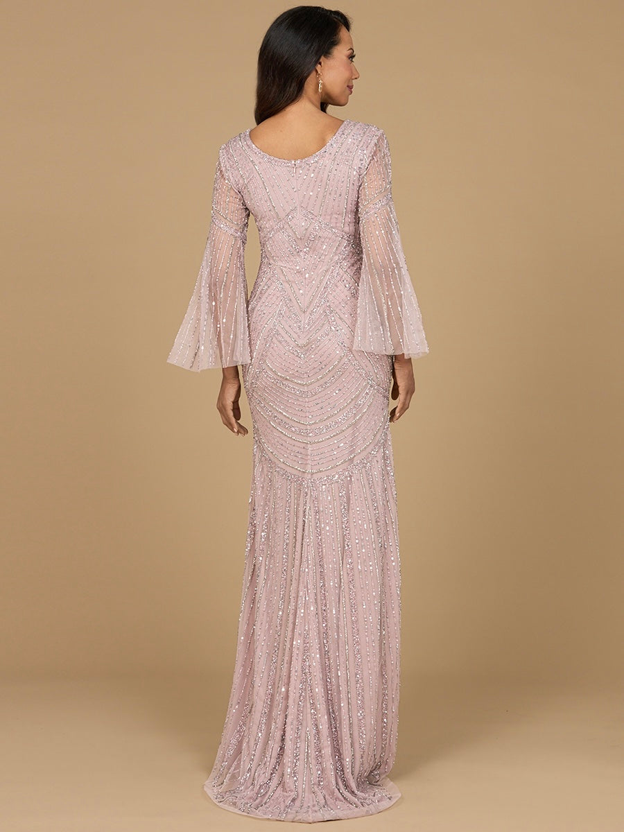 Long Sleeve Beaded Gown with Trumpet Sleeves