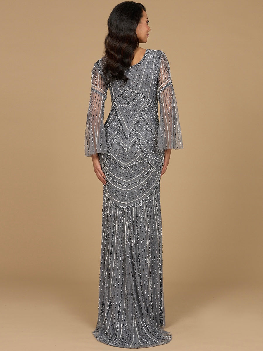 Long Sleeve Beaded Gown with Trumpet Sleeves