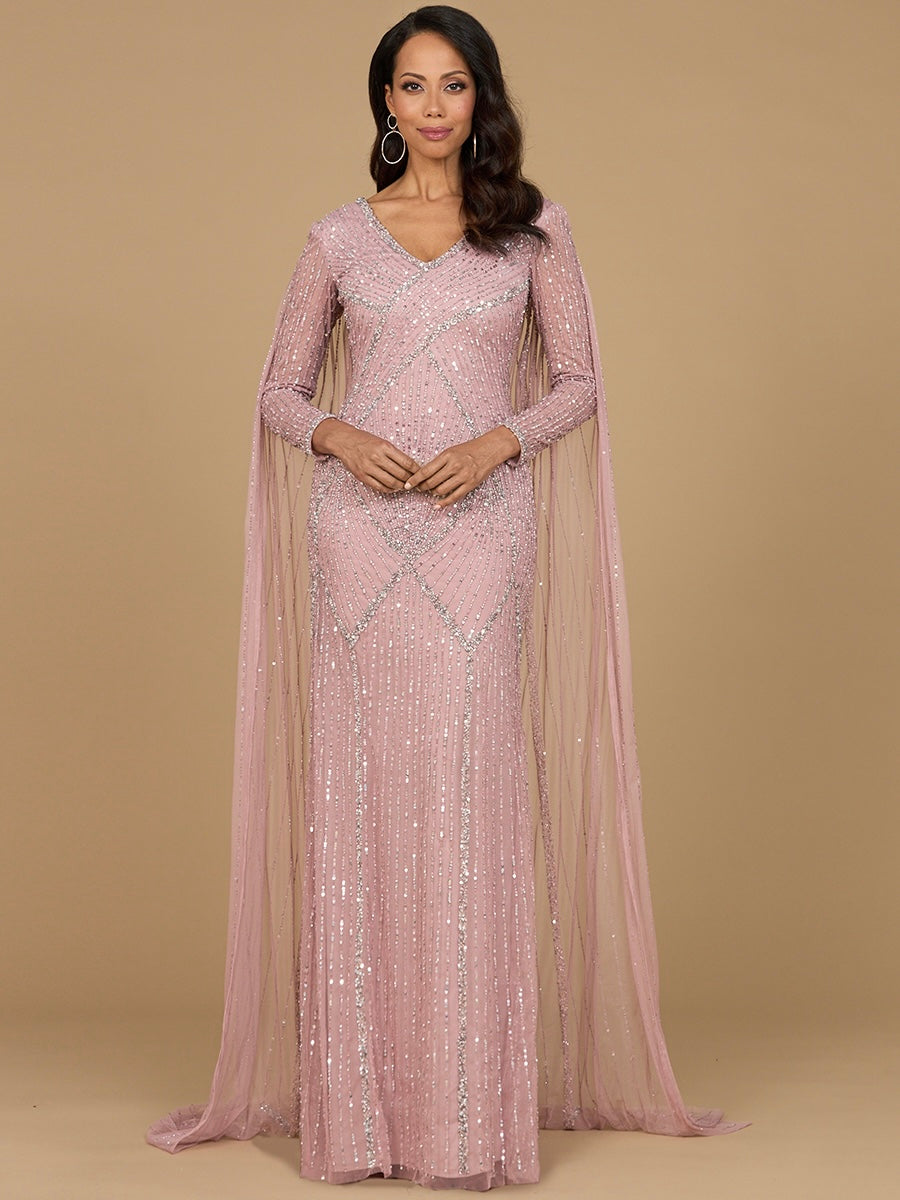 Long Sleeve Beaded Gown with Cape