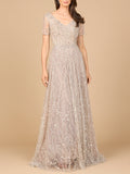 Short Sleeve V-Neck Beaded Ballgown