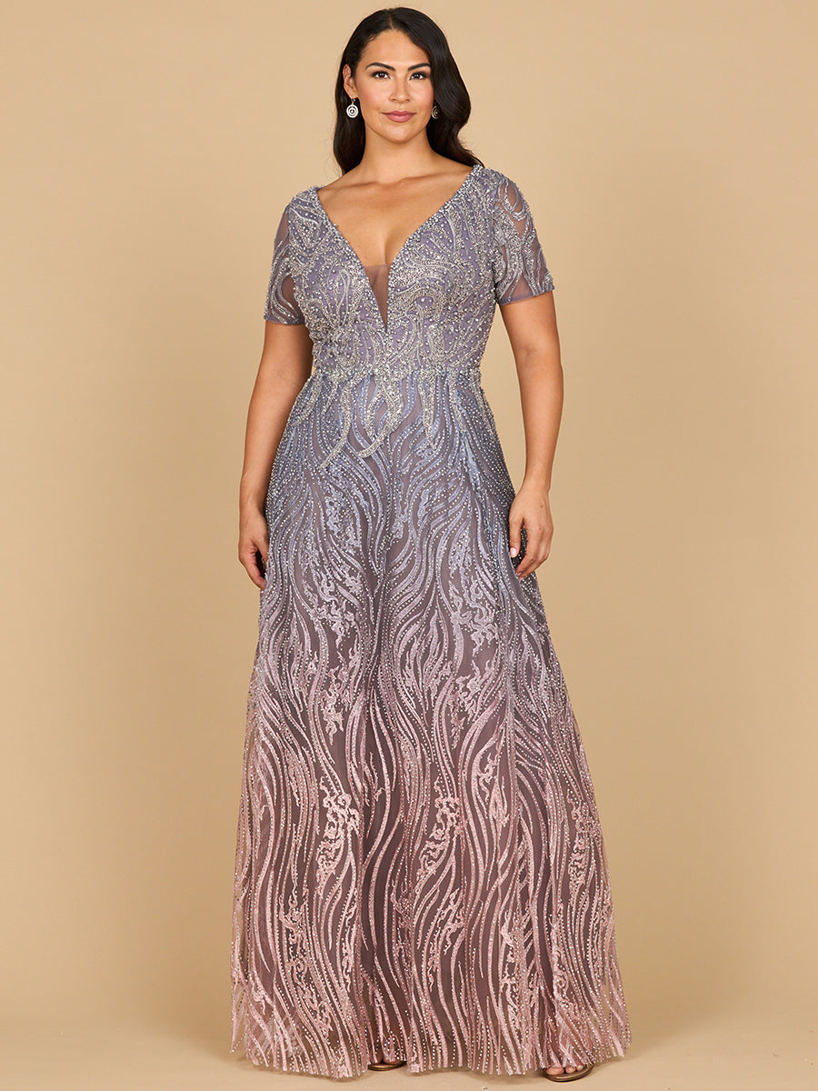 Lara 28961 - Short Sleeve V-Neck Beaded Ballgown