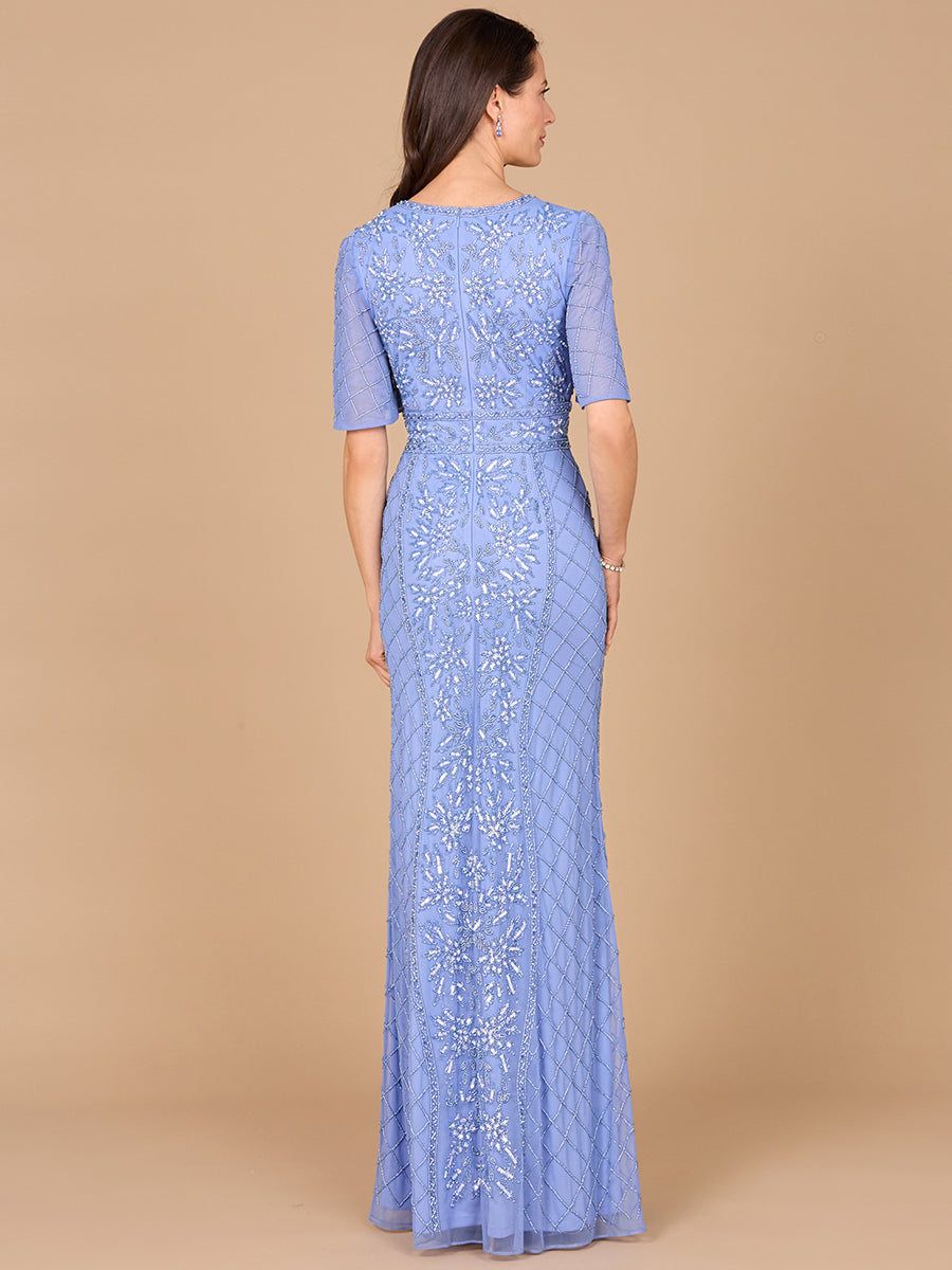 V-Neck, Cape Sleeve Beaded Gown with Belt