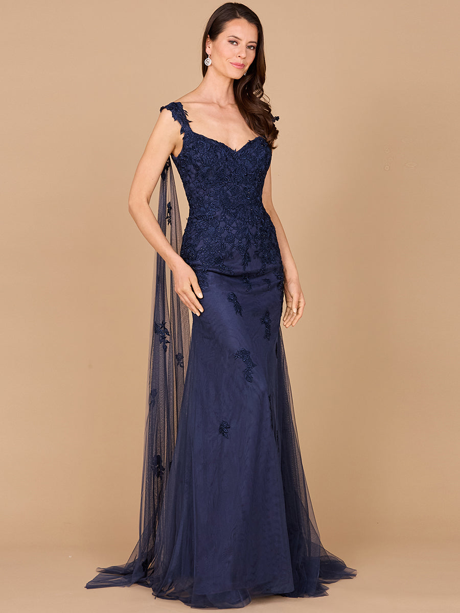 Embroidered Lace Gown with Flowing Capes