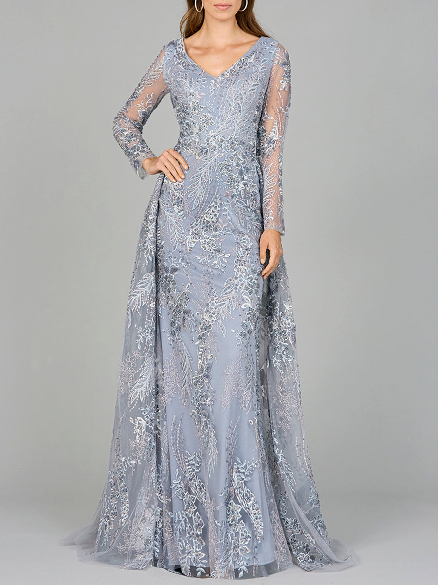 Lace Long Sleeve Gown with Overskirt