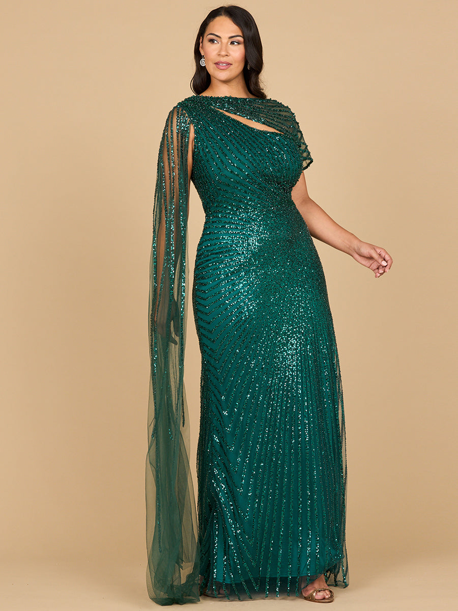 One Shoulder Fitted Gown with Cape Sleeve