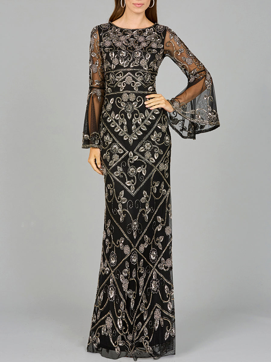 Bell Sleeved High Neck Beaded Gown