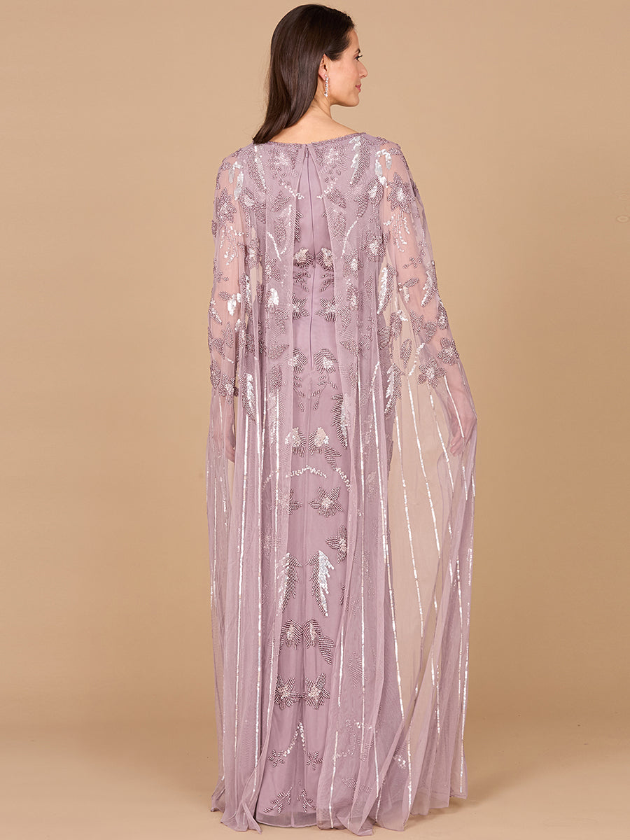 Beaded Sheath Dress with Long Cape