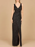 Beaded Black Gown with Slit