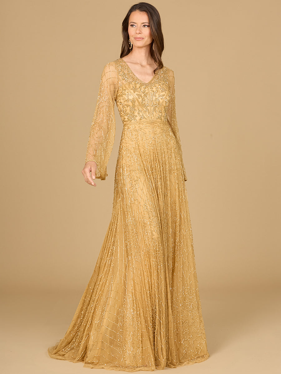 Beaded Long Dress with Flare Sleeves