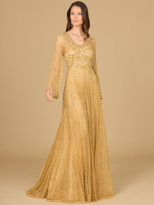 Beaded Long Dress with Flare Sleeves