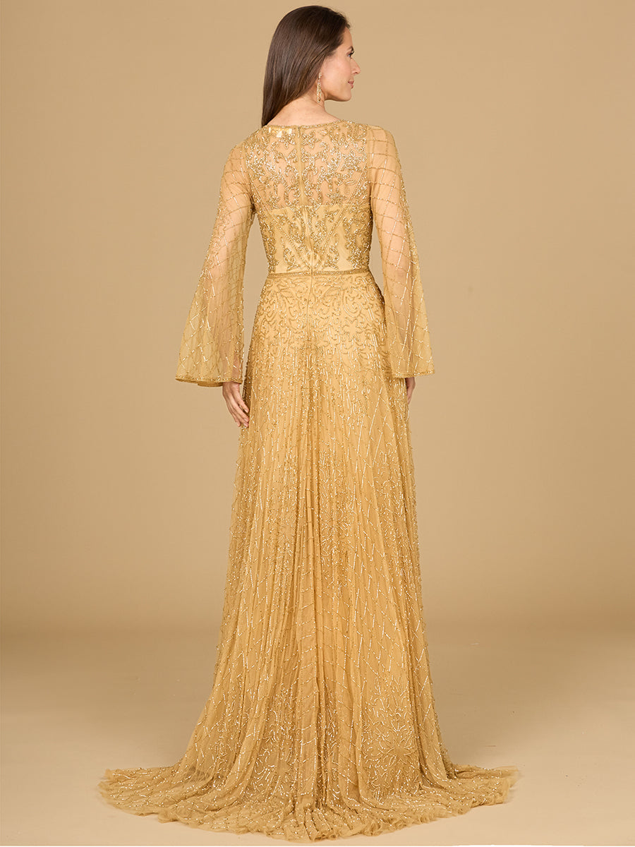 Beaded Long Dress with Flare Sleeves