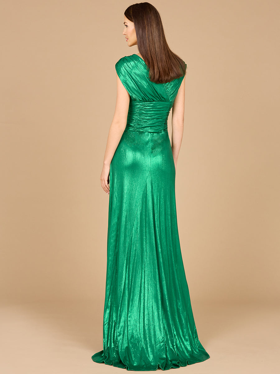 V-Neck Metallic Dress with Slit - OUTLET