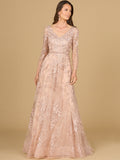Long Sleeve V-Neck Lace Gown with Beaded Belt