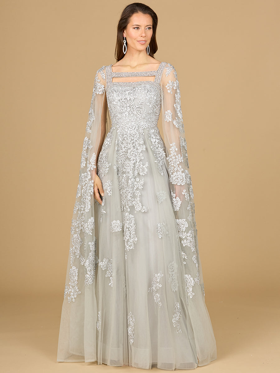 Lace Embroidered Gown with Long Cape Sleeves