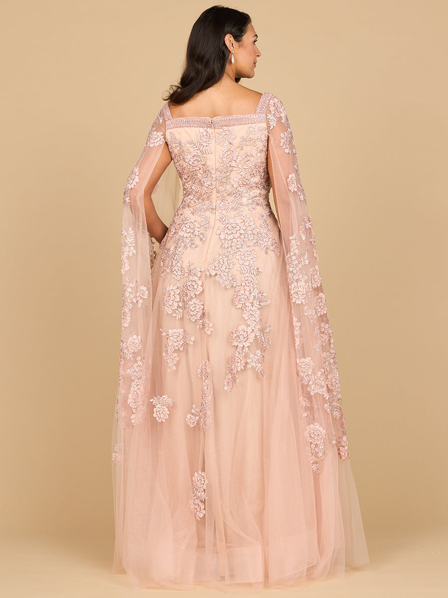 Lace Embroidered Gown with Long Cape Sleeves