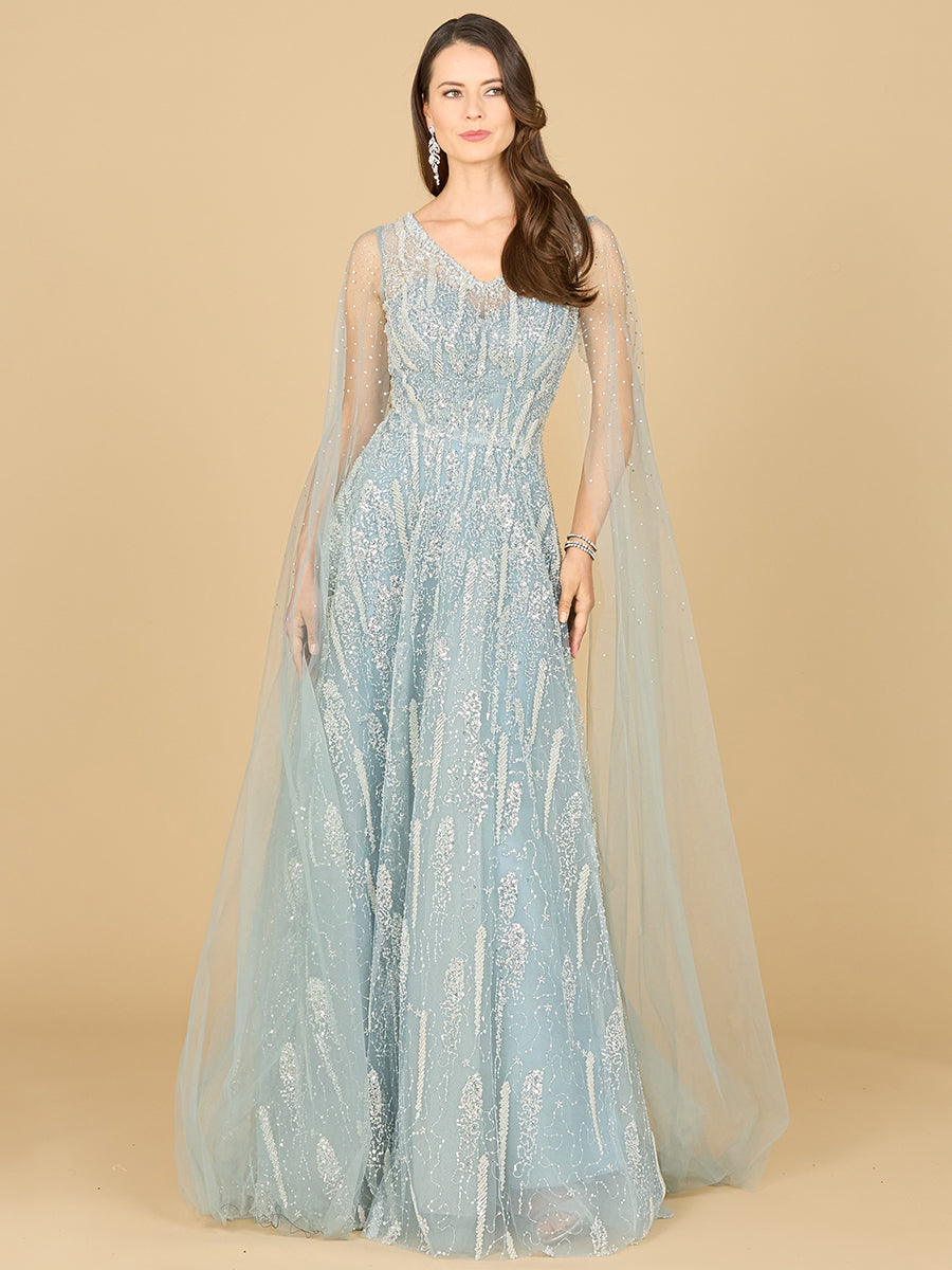 Lace Gown with Cape Sleeves and V-neckline