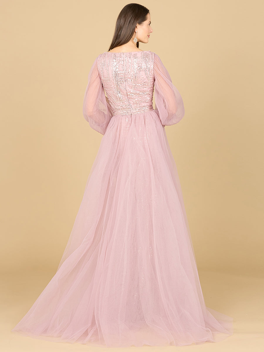 Long Sleeve Lace Gown with Removable Over Skirt