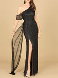 Beaded One Shoulder Dress with Train