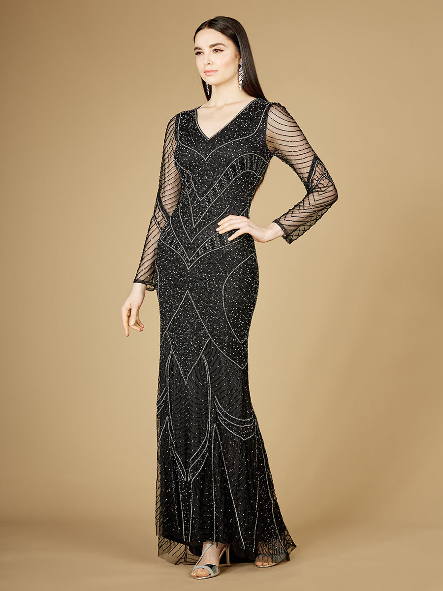 Long Sleeve Beaded Dresses with Sheer Sleeves - OUTLET