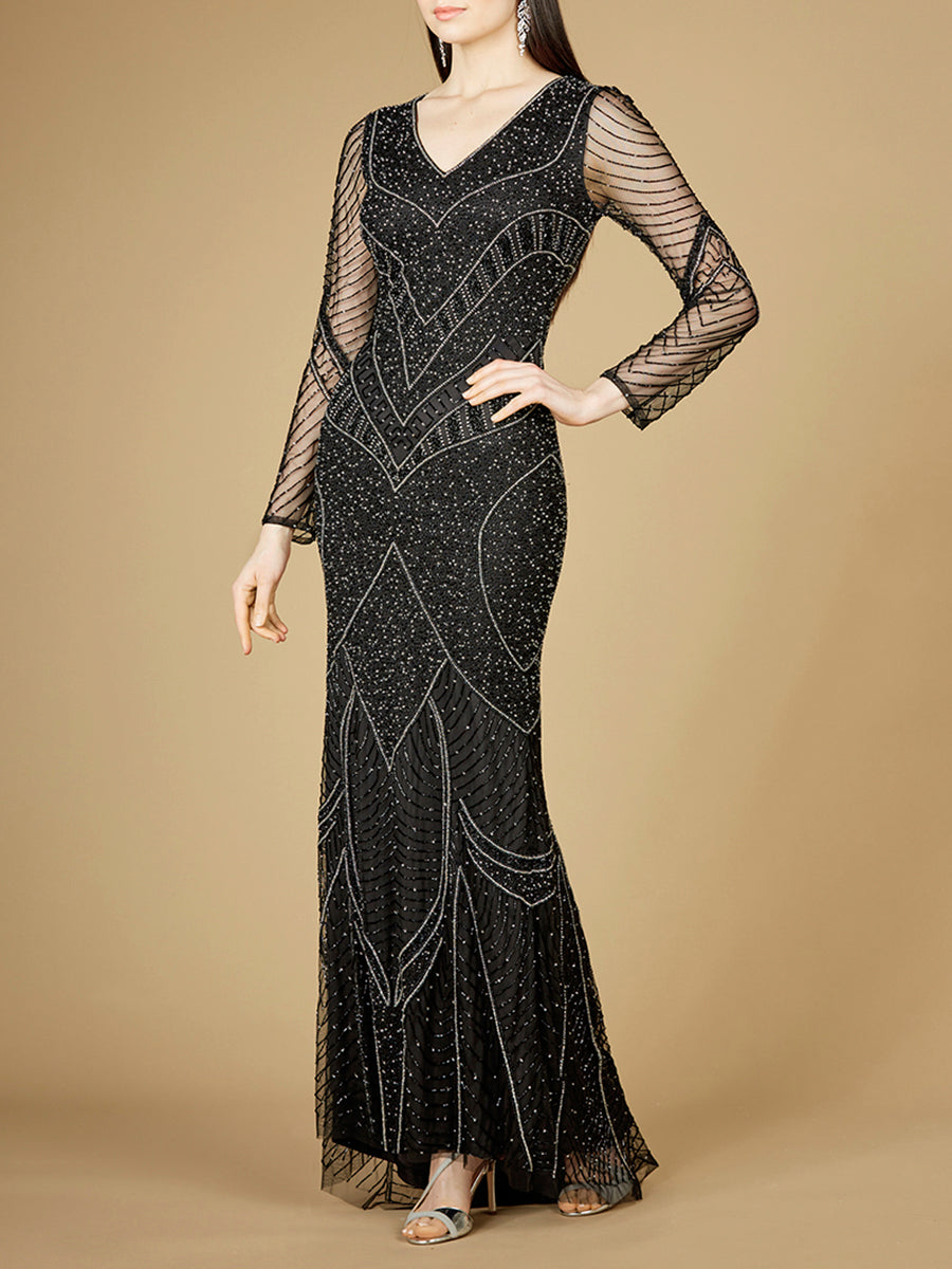 Long Sleeve Beaded Dresses with Sheer Sleeves - OUTLET