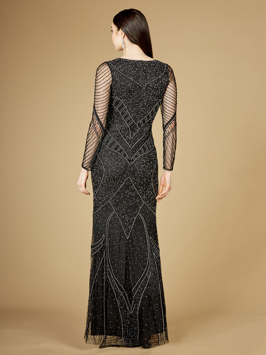 Long Sleeve Beaded Dresses with Sheer Sleeves - OUTLET