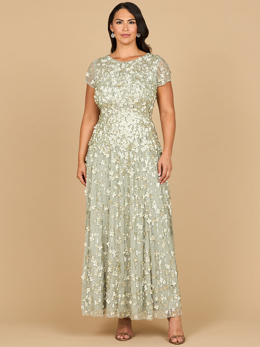 3D Floral Embellished Cap Sleeve Gown