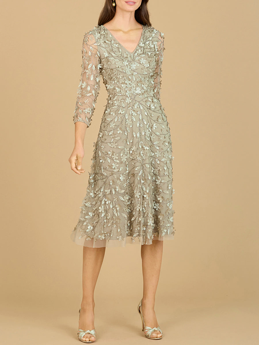 Flowing, 3D Embroidered Midi Dress with Sleeves