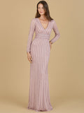 Long Sleeve V-Neck Beaded Gown