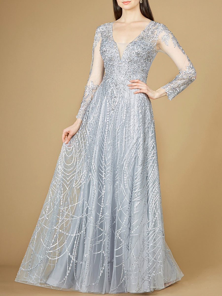 Long Sheer Sleeve V-Neckline Sheath Gown
