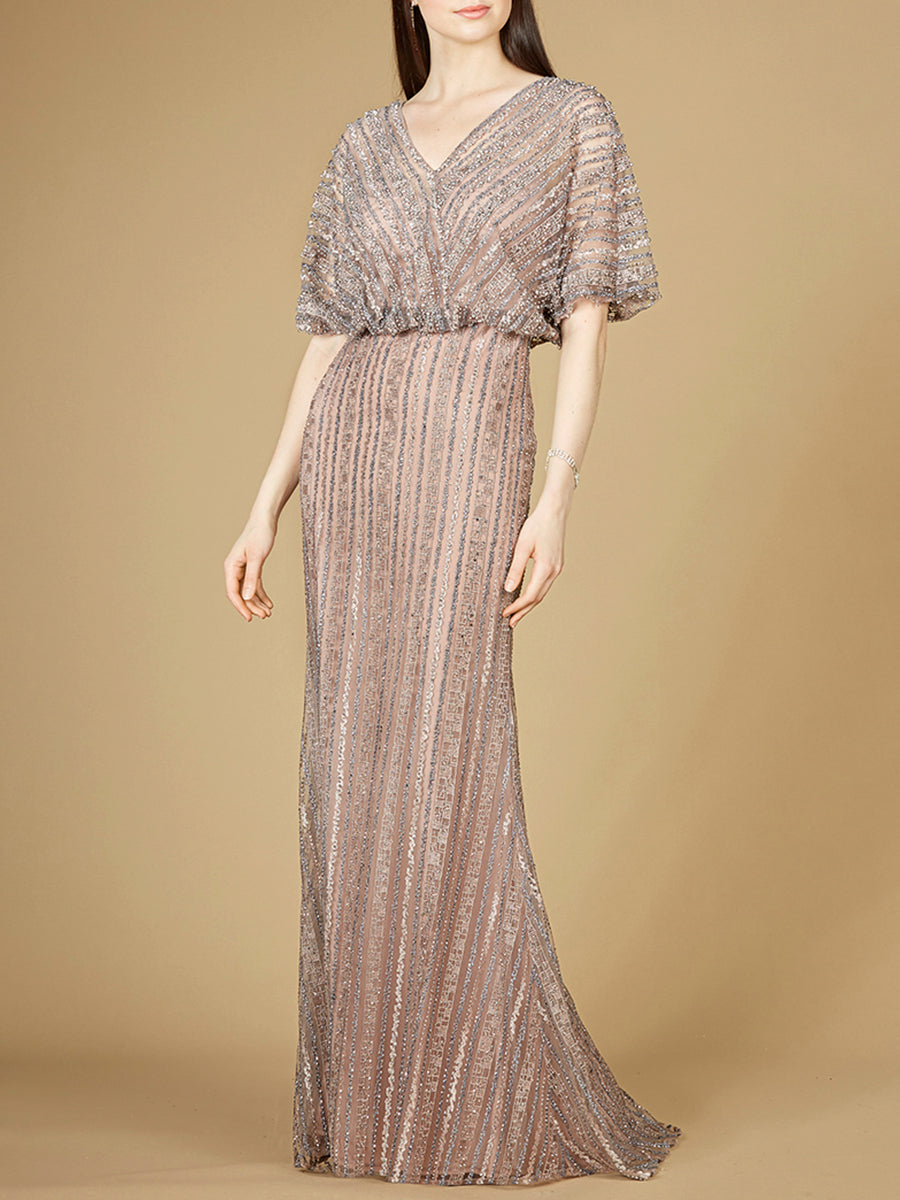 Cape Sleeve V-Neck Gown with Geometric Beading