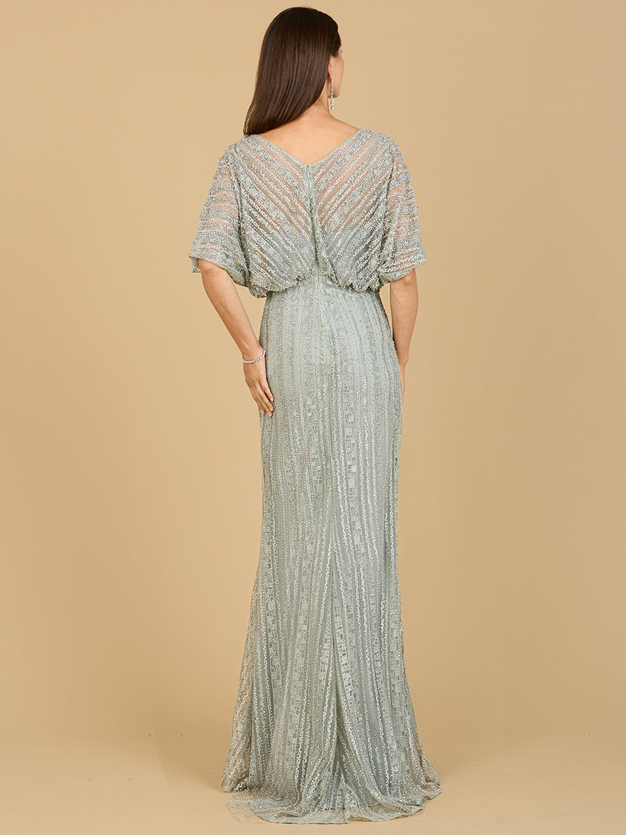 Cape Sleeve V-Neck Gown with Geometric Beading
