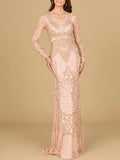 Beaded Long Sleeve V-neck Gown
