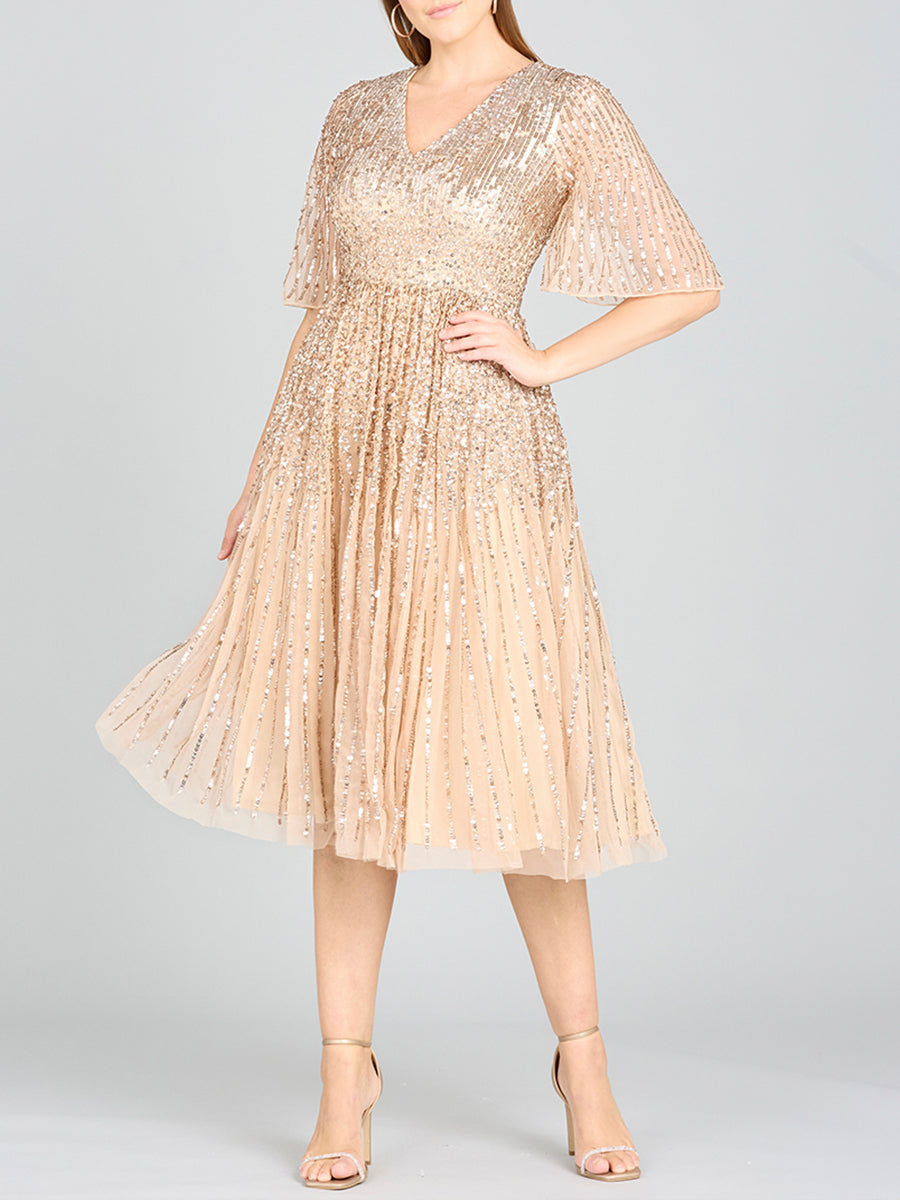 Flowing, Sequin Midi Dress with Short Sleeves