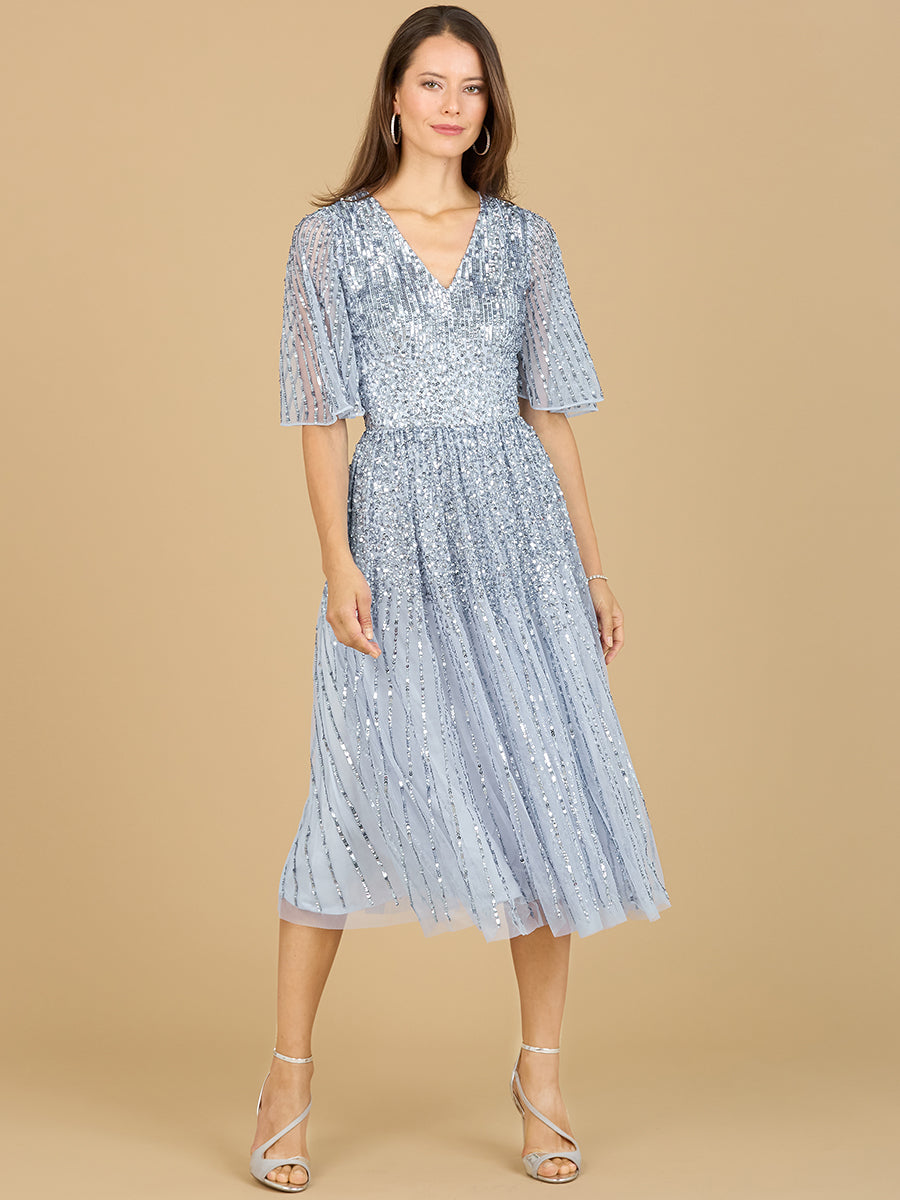 Flowing, Sequin Midi Dress with Short Sleeves