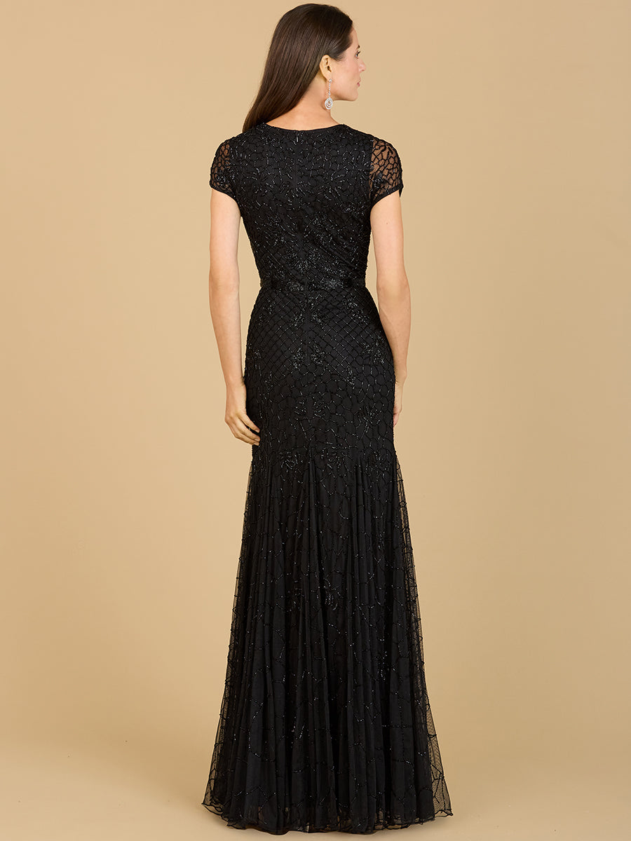 Beaded Mermaid Cap Sleeve Gown