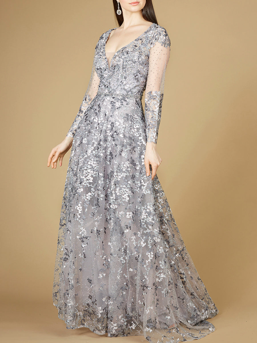 A-line Gown With Long Sleeves, V-Neckline